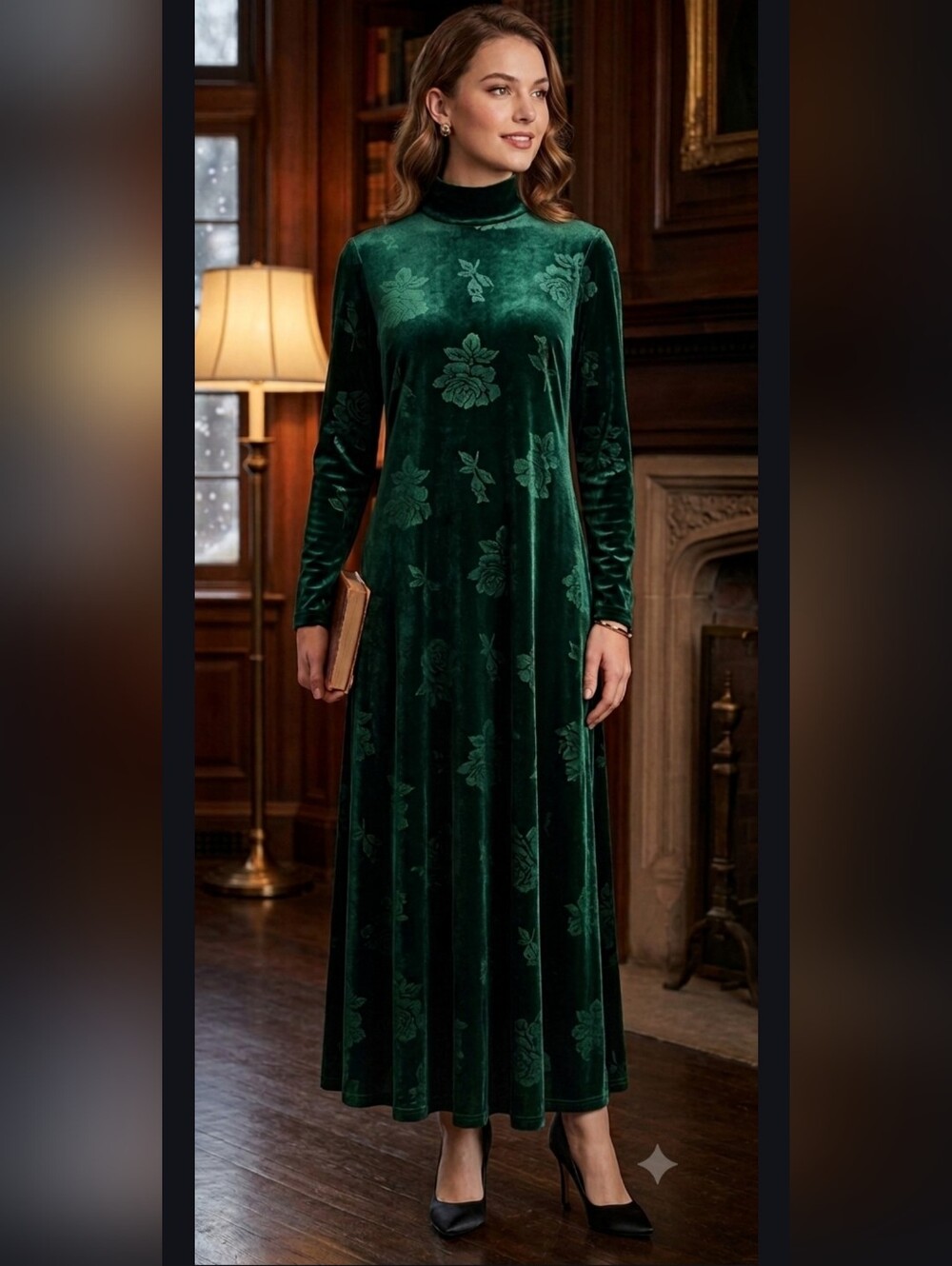 Vintage On The Verge Y2K 90s Emerald Green Embossed Mock Neck Maxi Dress Medium